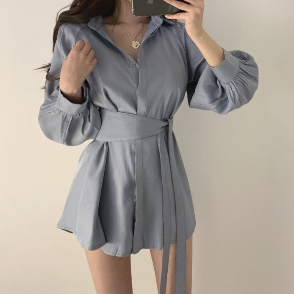 Muted Blue Shirt Dress With Sash